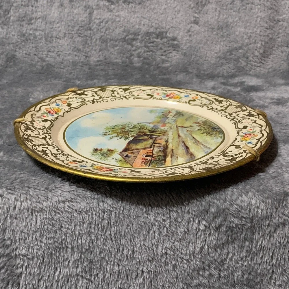 Vtg Daher Decorated Ware Tin Plate Holland Pastoral Village Scene 8 Inch Cottage